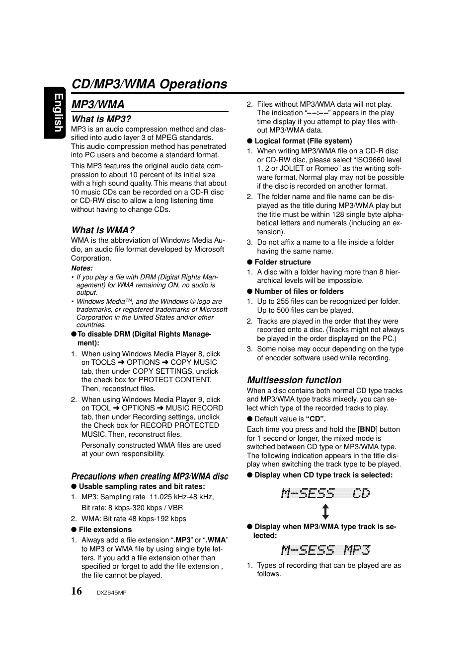 Cd / mp3 / wma operations, Mp3 / wma info, Cd/mp3/wma operations | English, Mp3/wma | Clarion DXZ645MP User Manual | Page 16 / 43