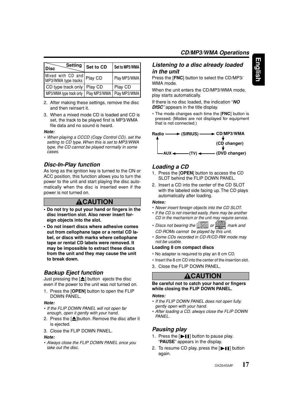Disc-in-play function, Backup eject function, Listening to a disc already loaded | Loading a cd, Pausing play, 17 english, Caution, Cd/mp3/wma operations, Listening to a disc already loaded in the unit | Clarion DXZ645MP User Manual | Page 17 / 43