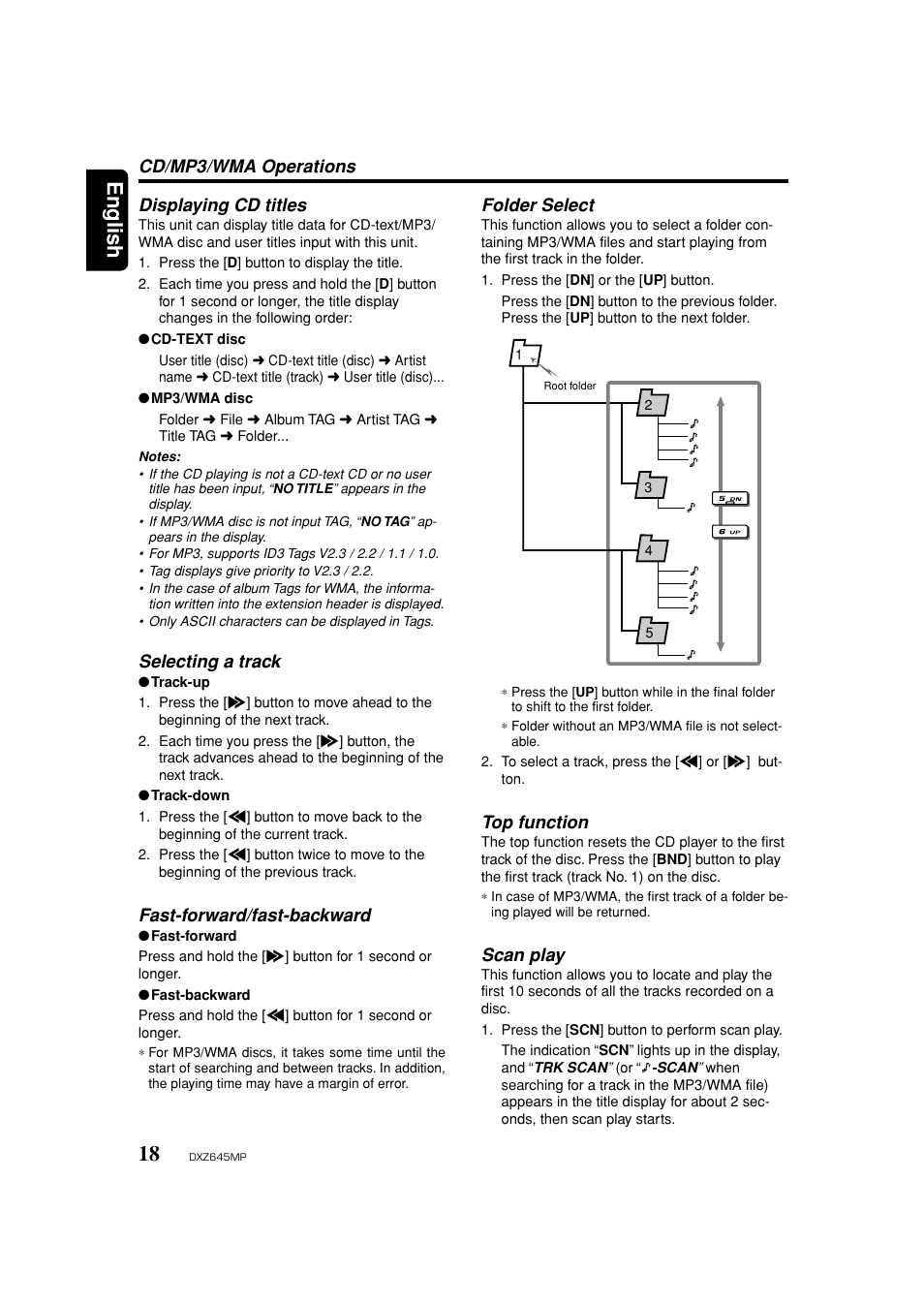 Displaying cd titles, Selecting a track, Fast forward / reverse | Folder select, Top function, Scan play, English, Cd/mp3/wma operations, Fast-forward/fast-backward | Clarion DXZ645MP User Manual | Page 18 / 43