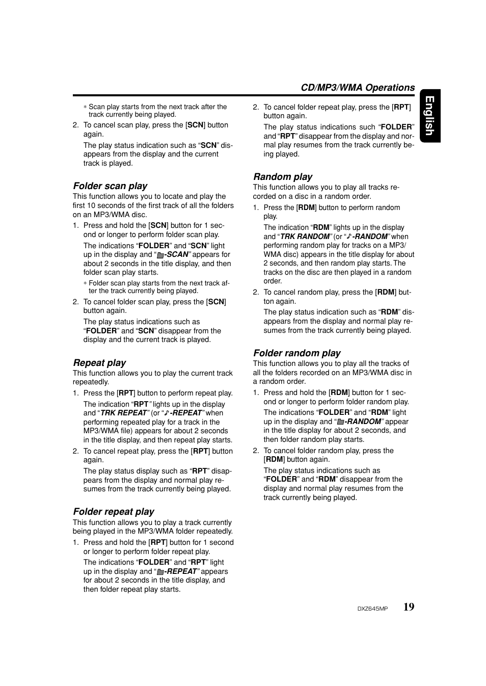 Folder scan play, Repeat play, Folder repeat play | Random play, Folder random play, 19 english | Clarion DXZ645MP User Manual | Page 19 / 43