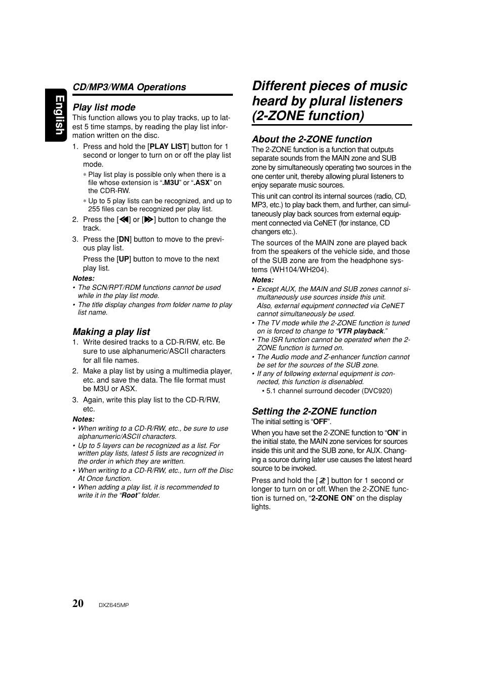 Play list mode, Making a play list, Zone operation | About the 2-zone function, Setting the 2-zone function, English | Clarion DXZ645MP User Manual | Page 20 / 43