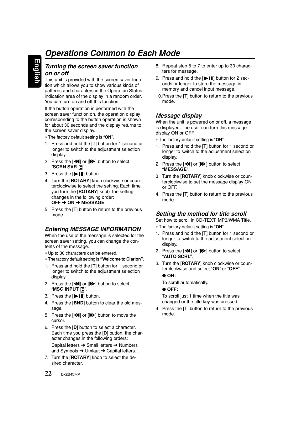 Operations common to each mode, Screen saver on / off, Entering message information | Message display, Setting the method for title scroll, English, Turning the screen saver function on or off | Clarion DXZ645MP User Manual | Page 22 / 43