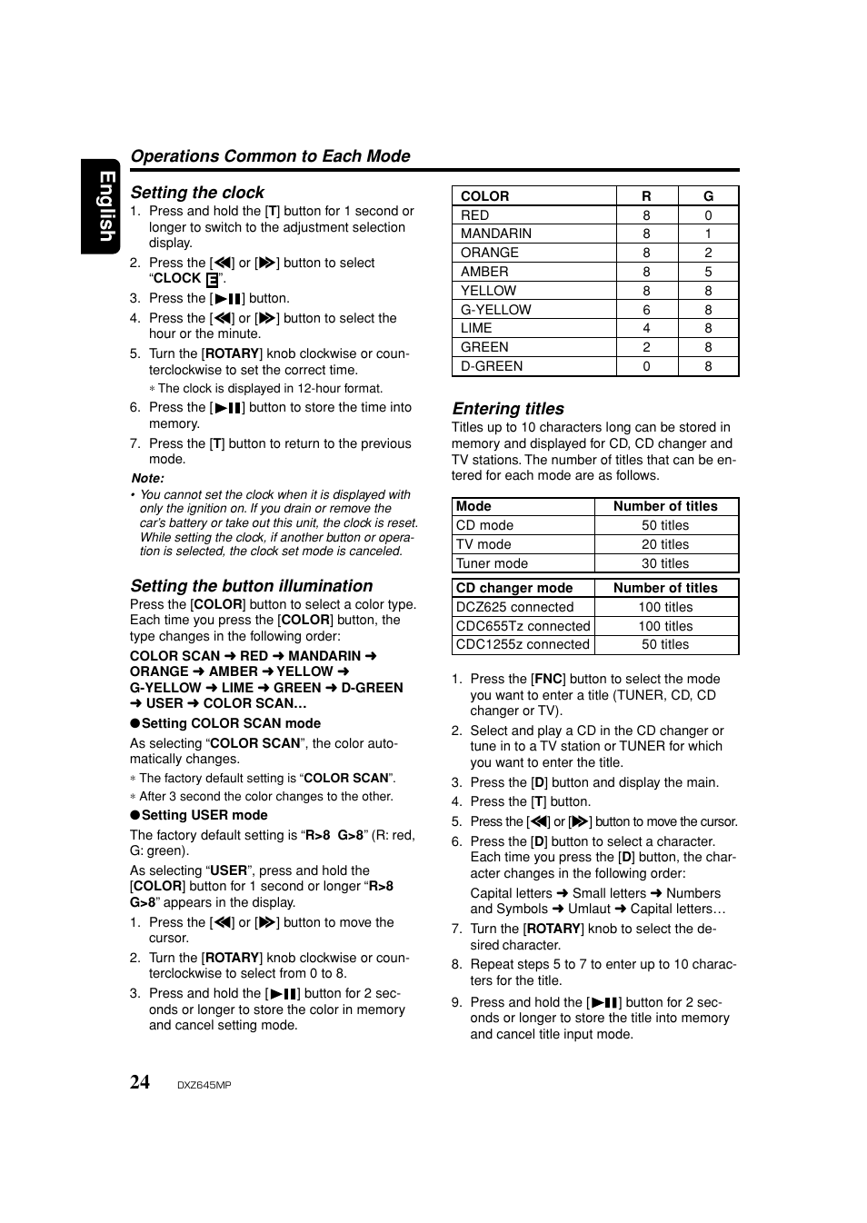 Setting the clock, Button illumination, Entering titles | English, Operations common to each mode setting the clock, Setting the button illumination | Clarion DXZ645MP User Manual | Page 24 / 43