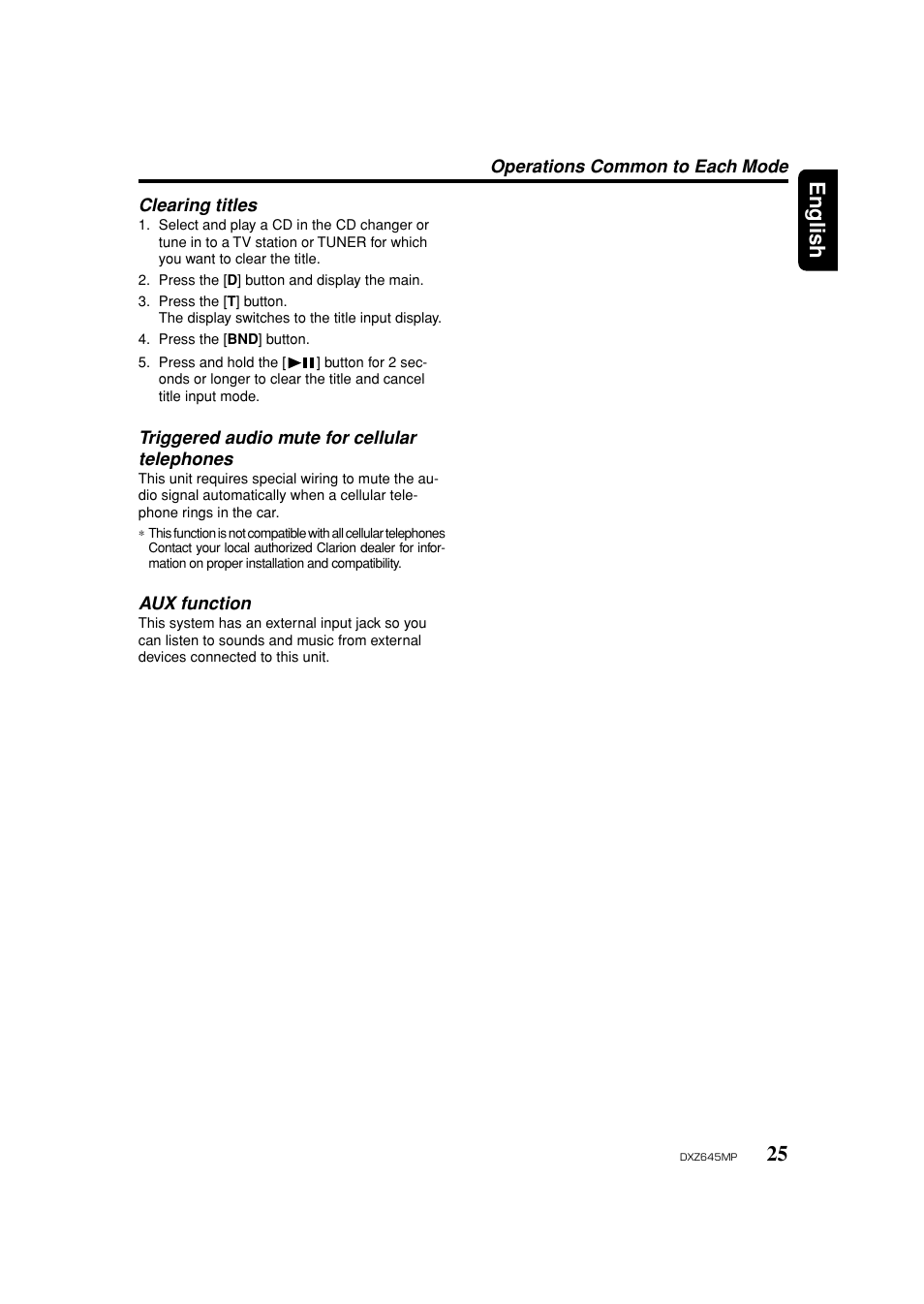 Clearing titles, Tel mute, Aux function | 25 english | Clarion DXZ645MP User Manual | Page 25 / 43