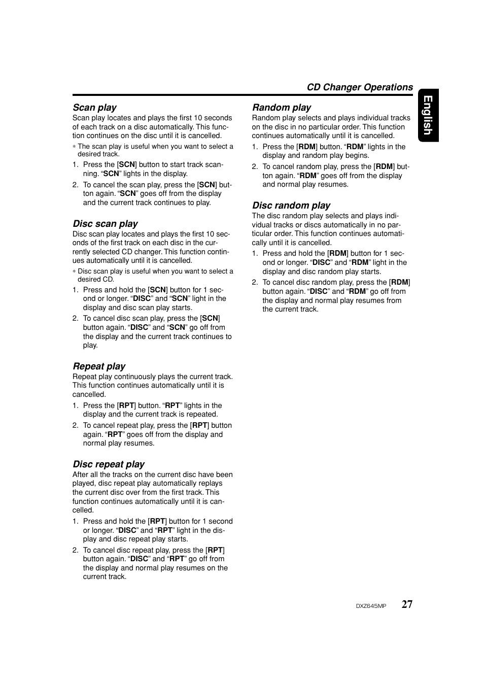 Scan play, Disc scan play, Repeat play | Disc repeat play, Random play, Disc random play, 27 english | Clarion DXZ645MP User Manual | Page 27 / 43