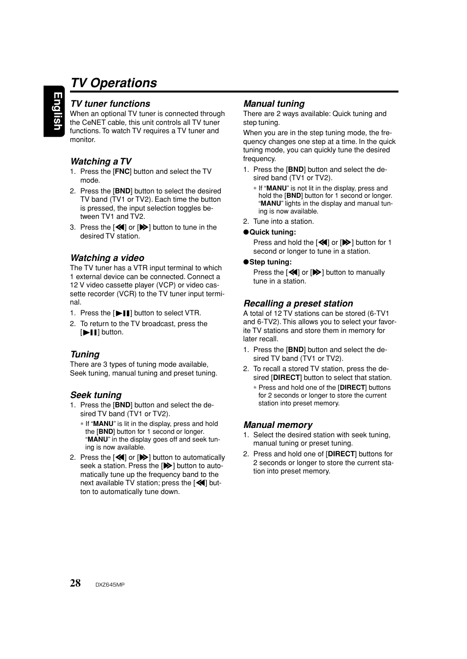 Tv operations, Tv tuner functions, Watching a tv | Watching a video, Seek tuning, Manual tuning, Recalling a preset station, Manual memory, English | Clarion DXZ645MP User Manual | Page 28 / 43
