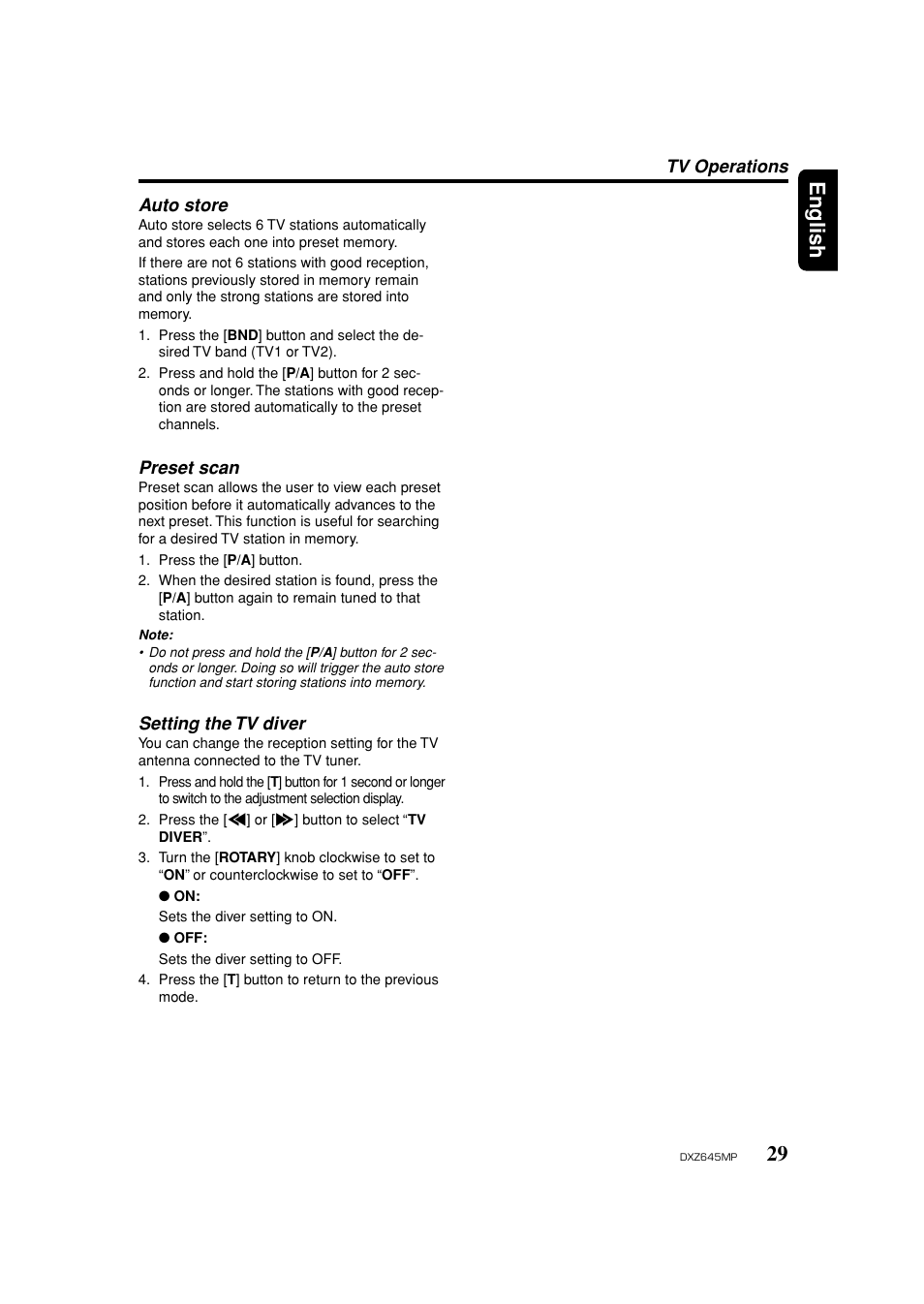 Auto store, Preset scan, Setting the tv diver | 29 english | Clarion DXZ645MP User Manual | Page 29 / 43