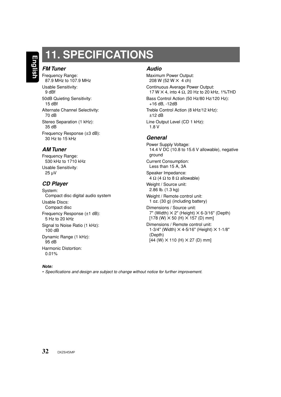 Specs, Specifications, English | Clarion DXZ645MP User Manual | Page 32 / 43