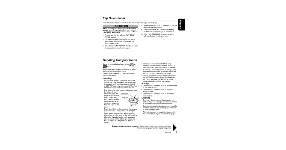 Flip down faceplate, Disc compatibility, Handling compact discs | Flip down panel, 4english caution | Clarion DXZ645MP User Manual | Page 4 / 43