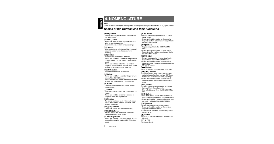 Nomenclature, Names of the buttons and their functions, English | Clarion DXZ645MP User Manual | Page 6 / 43