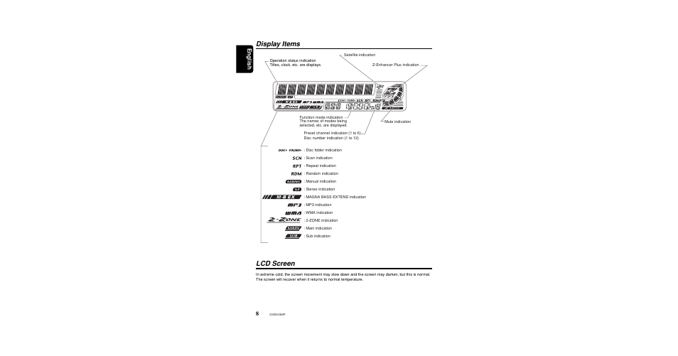 Front panel display, Lcd screen, Display items | English | Clarion DXZ645MP User Manual | Page 8 / 43