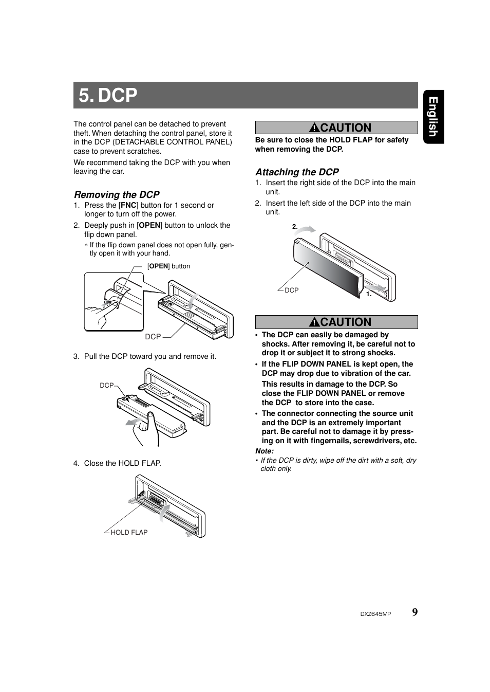 Attaching / removing faceplate, 9english, Caution | Clarion DXZ645MP User Manual | Page 9 / 43