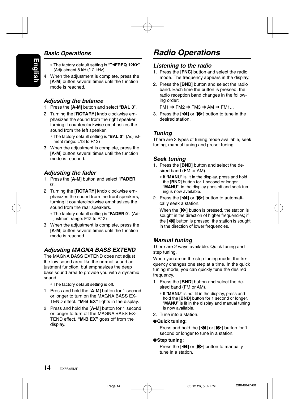 Radio operations, English, Listening to the radio | Tuning, Seek tuning, Manual tuning, Basic operations, Adjusting the balance, Adjusting the fader, Adjusting magna bass extend | Clarion DXZ646MP User Manual | Page 10 / 28