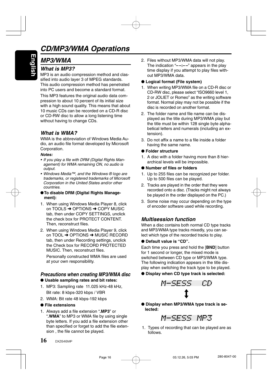 Cd/mp3/wma operations, English, Mp3/wma | Clarion DXZ646MP User Manual | Page 12 / 28