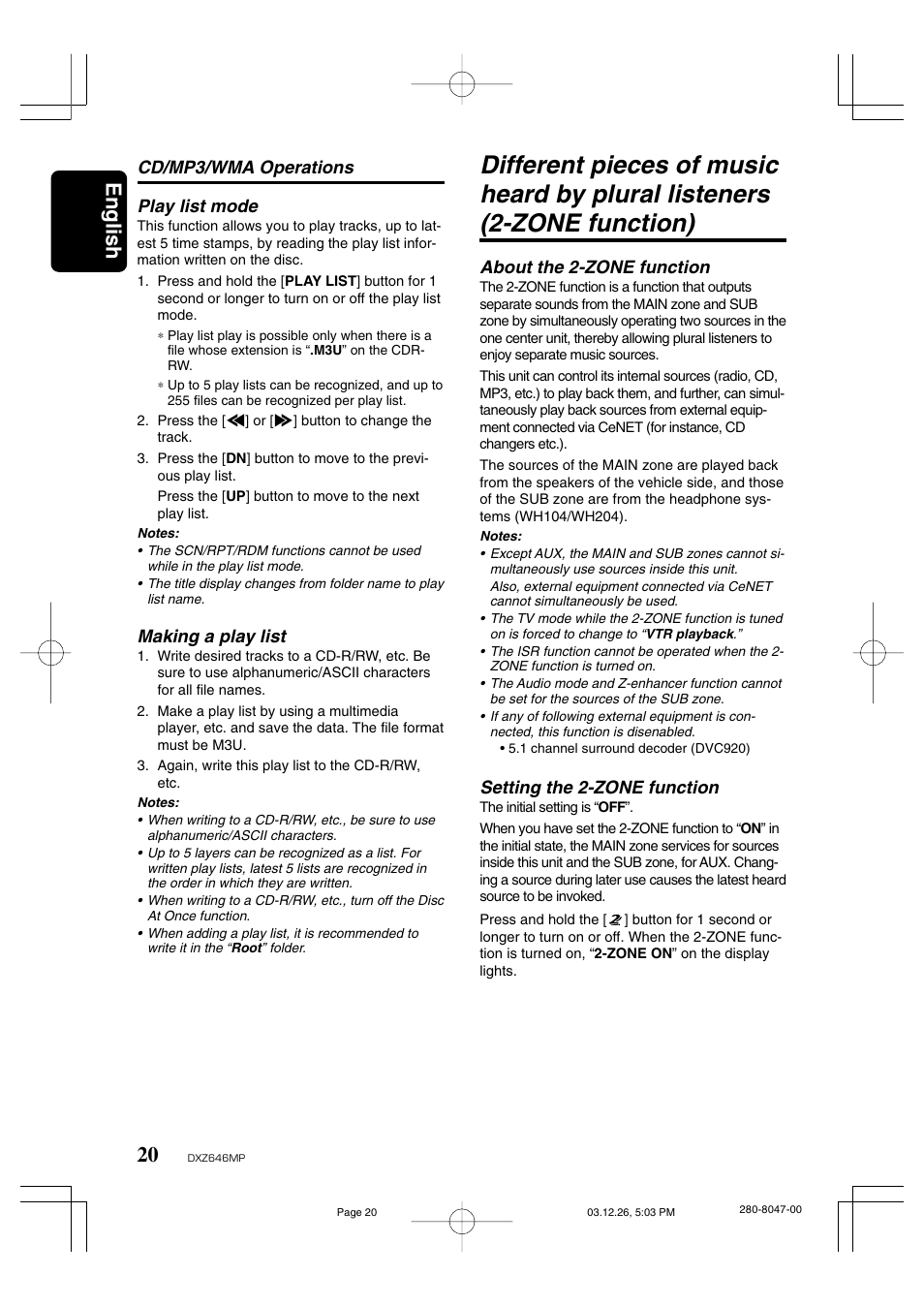 English, Cd/mp3/wma operations play list mode, Making a play list | About the 2-zone function, Setting the 2-zone function | Clarion DXZ646MP User Manual | Page 16 / 28