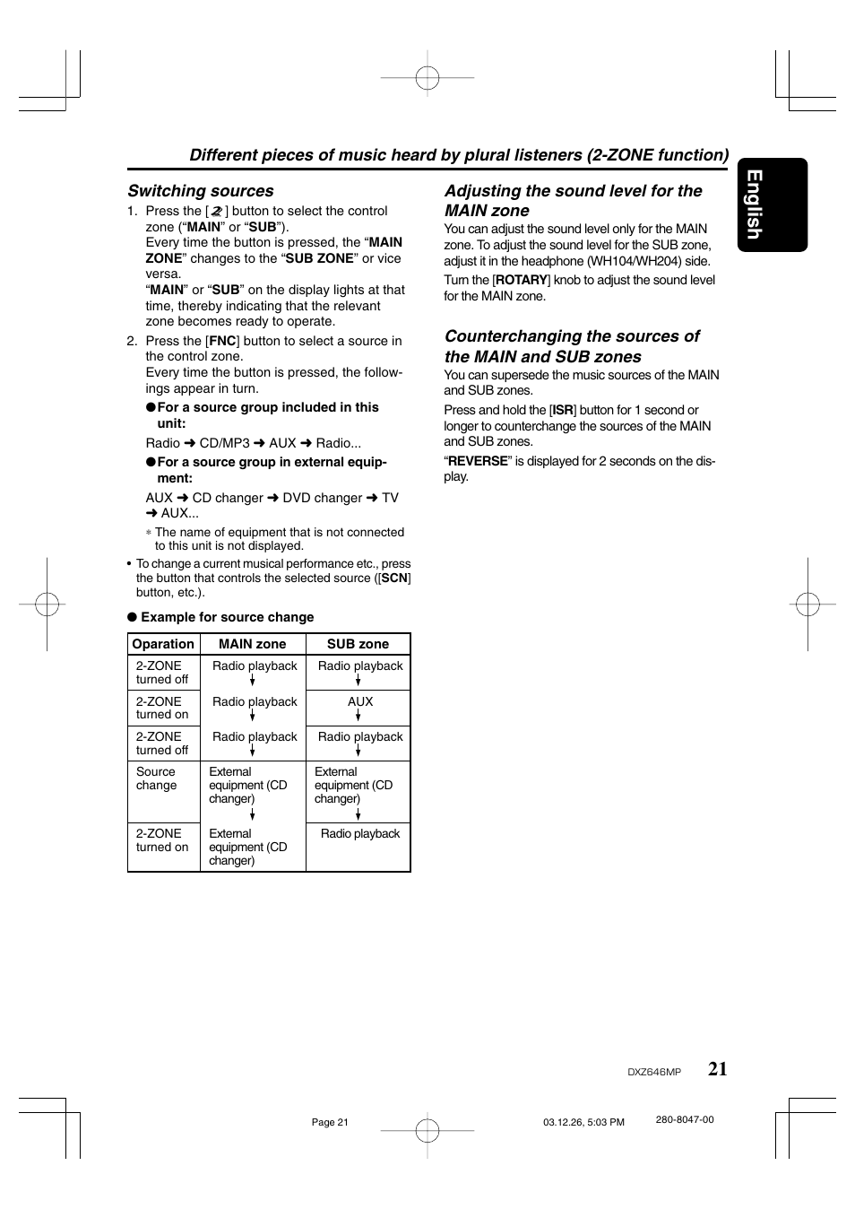 21 english, Switching sources | Clarion DXZ646MP User Manual | Page 17 / 28