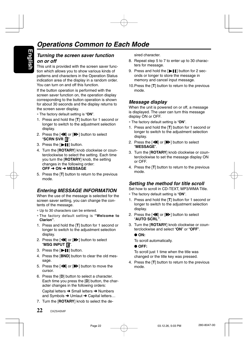 Operations common to each mode, English, Turning the screen saver function on or off | Entering message information, Message display, Setting the method for title scroll | Clarion DXZ646MP User Manual | Page 18 / 28