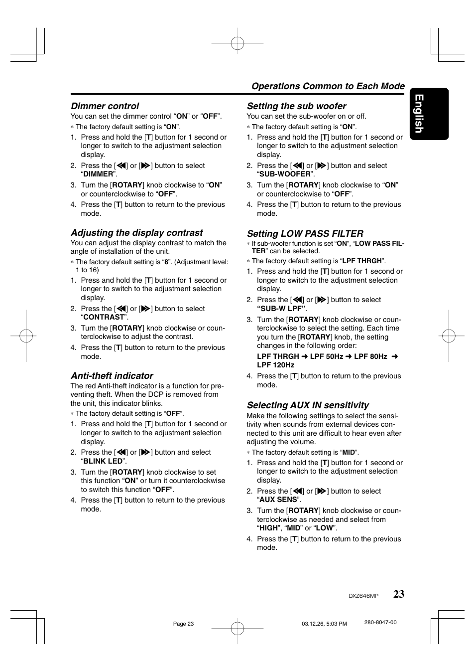 23 english, Dimmer control, Adjusting the display contrast | Anti-theft indicator, Setting low pass filter, Selecting aux in sensitivity | Clarion DXZ646MP User Manual | Page 19 / 28