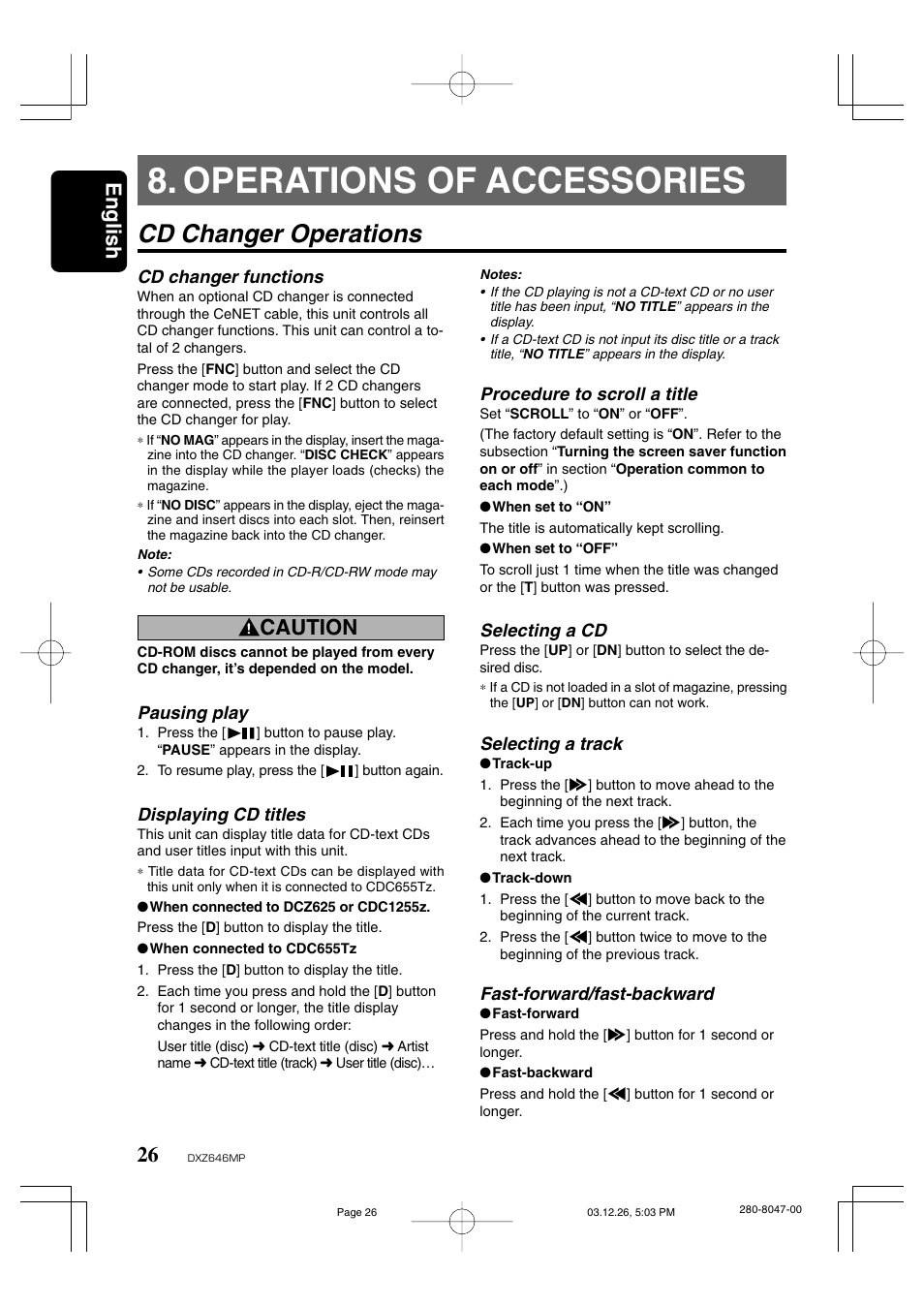 Operations of accessories, Cd changer operations, English | Caution | Clarion DXZ646MP User Manual | Page 22 / 28