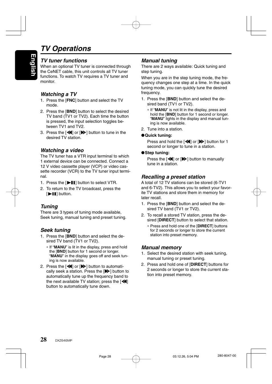 Tv operations, English | Clarion DXZ646MP User Manual | Page 24 / 28