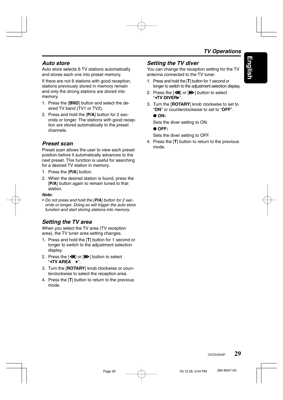 29 english, Auto store, Preset scan | Setting the tv area, Tv operations setting the tv diver | Clarion DXZ646MP User Manual | Page 25 / 28