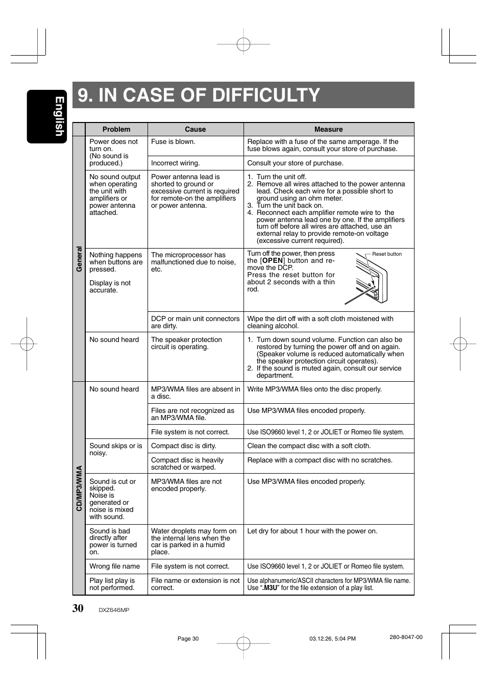 In case of difficulty, English | Clarion DXZ646MP User Manual | Page 26 / 28