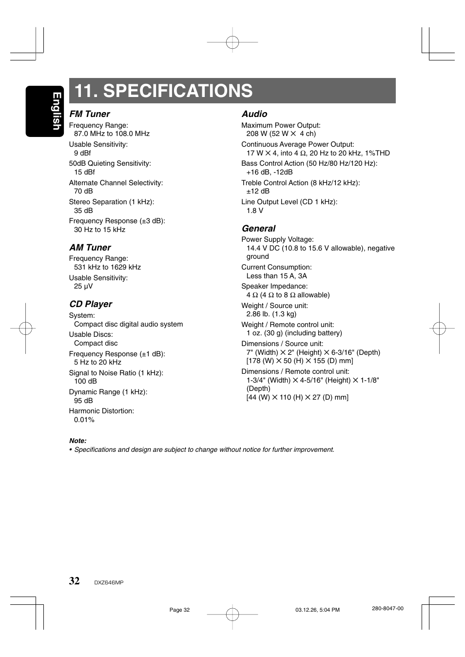 Specifications, English | Clarion DXZ646MP User Manual | Page 28 / 28