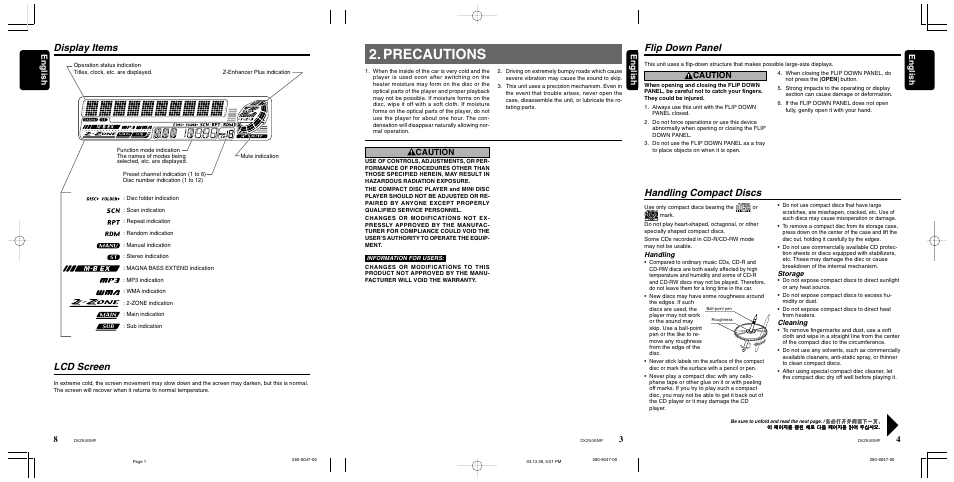 Precautions, Flip down panel, Handling compact discs | Display items, Lcd screen, 4english english english, Caution, Handling, Storage, Cleaning | Clarion DXZ646MP User Manual | Page 3 / 28