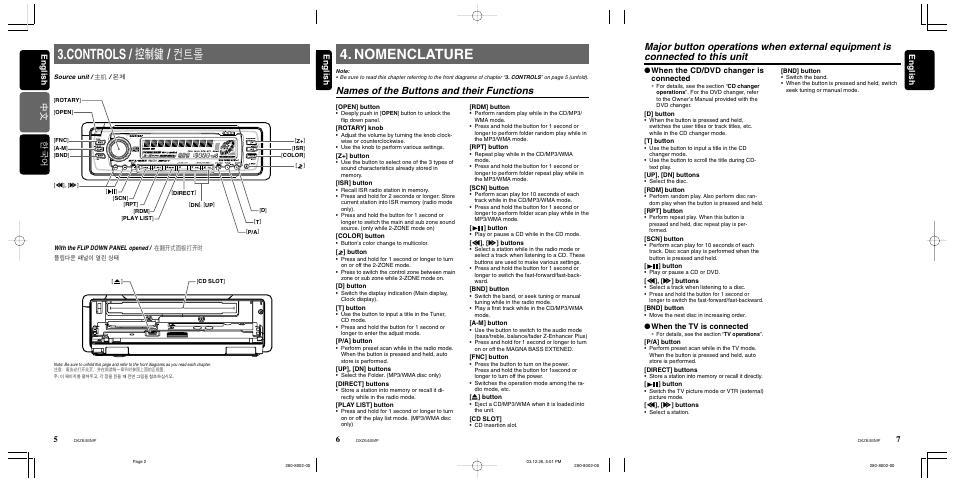 Controls, Nomenclature, Names of the buttons and their functions | English, English 한국어 english, When the cd/dvd changer is connected, When the tv is connected | Clarion DXZ646MP User Manual | Page 4 / 28