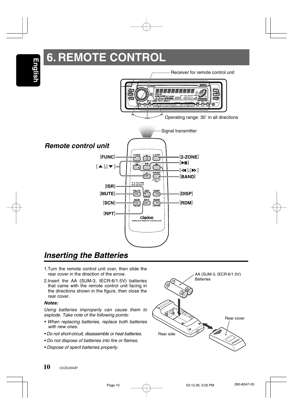 Remote control, Inserting the batteries, English | Remote control unit | Clarion DXZ646MP User Manual | Page 6 / 28