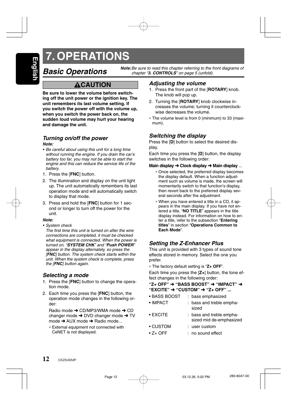 Operations, Basic operations, English | Caution | Clarion DXZ646MP User Manual | Page 8 / 28