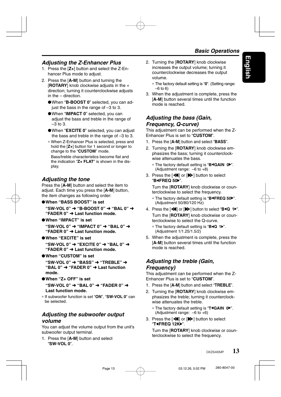 13 english, Adjusting the z-enhancer plus, Adjusting the tone | Adjusting the subwoofer output volume, Adjusting the bass (gain, frequency, q-curve), Adjusting the treble (gain, frequency), Basic operations | Clarion DXZ646MP User Manual | Page 9 / 28