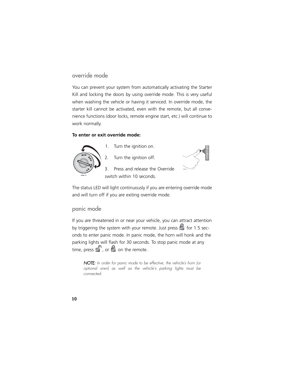 Override mode, Panic mode | Clarion Model RK1 User Manual | Page 13 / 27