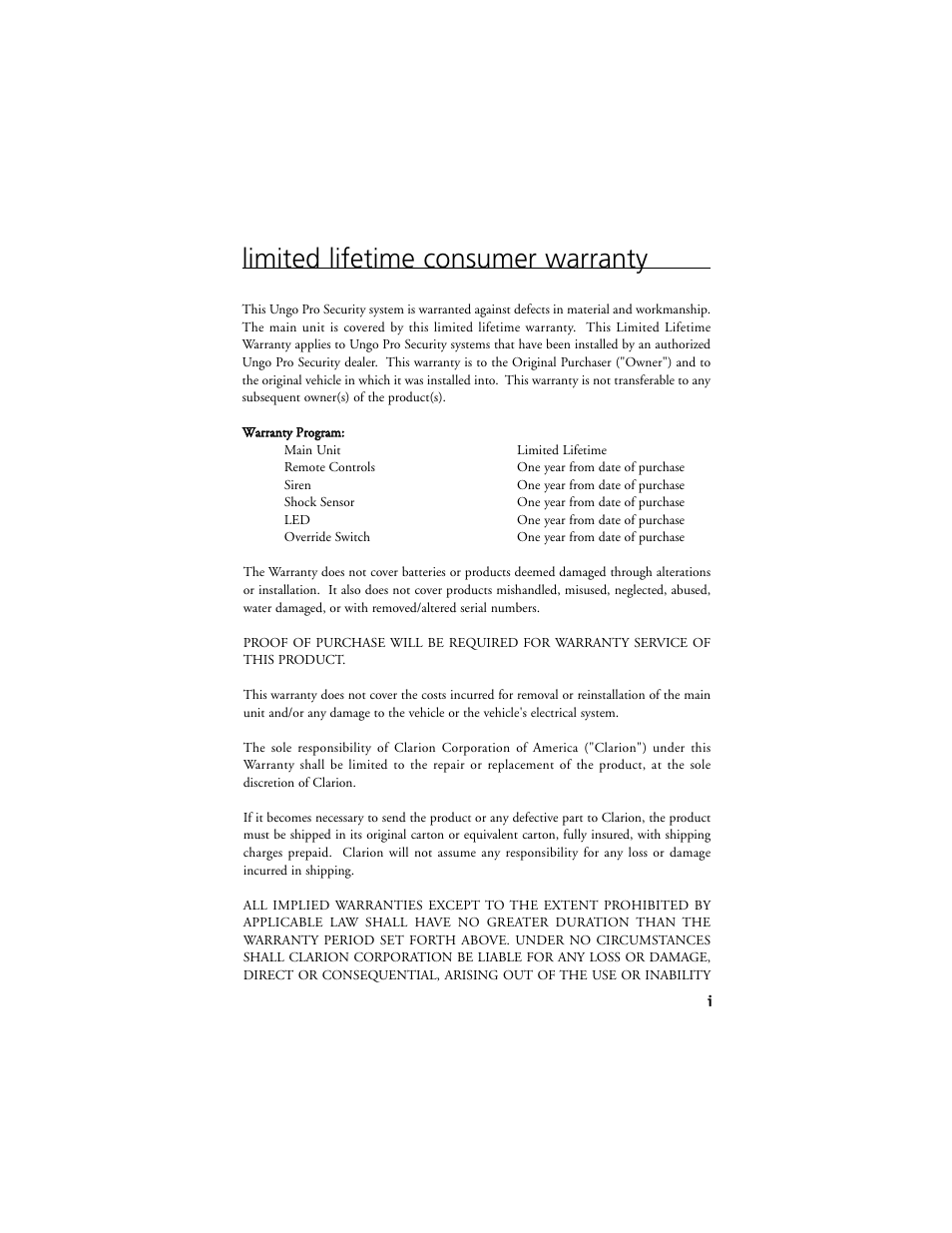 Limited lifetime consumer warranty | Clarion Model RK1 User Manual | Page 2 / 27