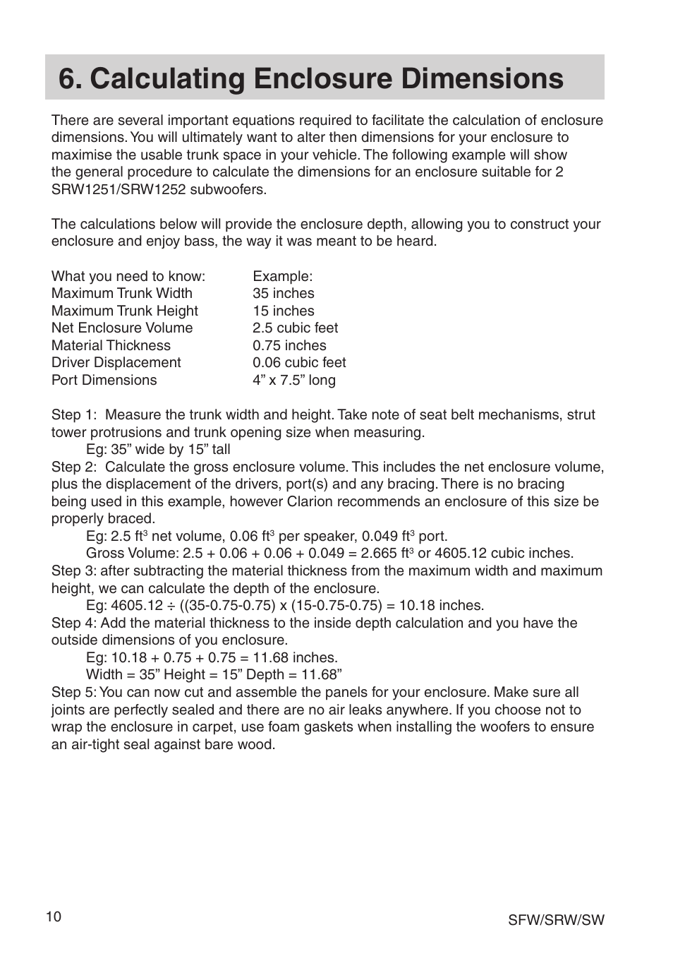 Calculating enclosure dimensions | Clarion SRW User Manual | Page 12 / 16