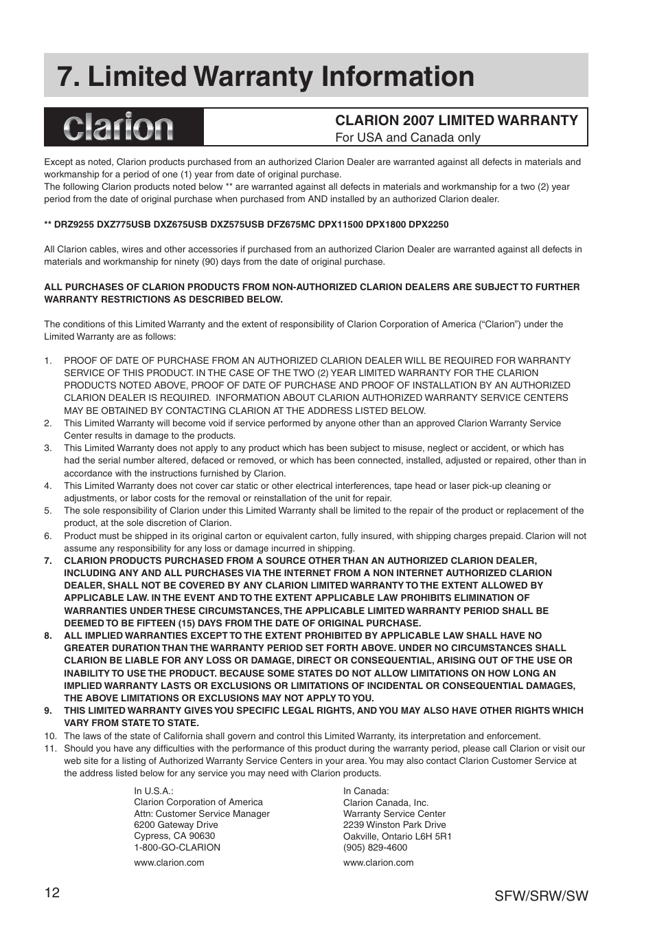 Limited warranty information, Clarion 2007 limited warranty, Sfw/srw/sw 1 | For usa and canada only | Clarion SRW User Manual | Page 14 / 16