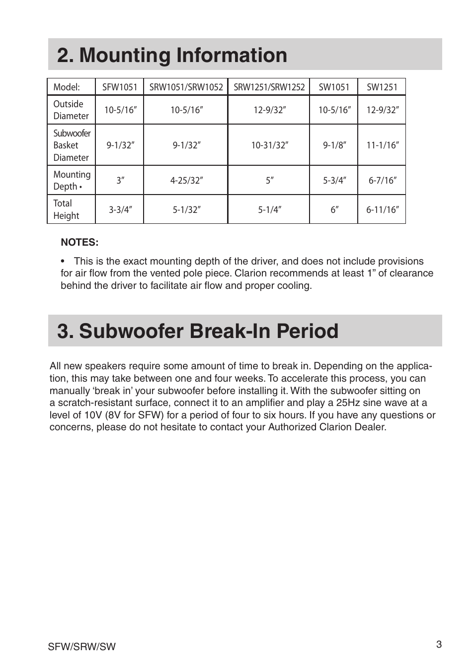 Mounting information, Subwoofer break-in period | Clarion SRW User Manual | Page 5 / 16
