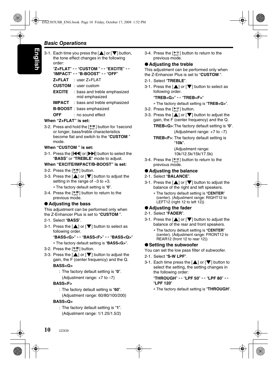 English 10 | Clarion CD/USB/MP3/WMA/AAC Receiver with CeNET Control CZ309 User Manual | Page 10 / 31