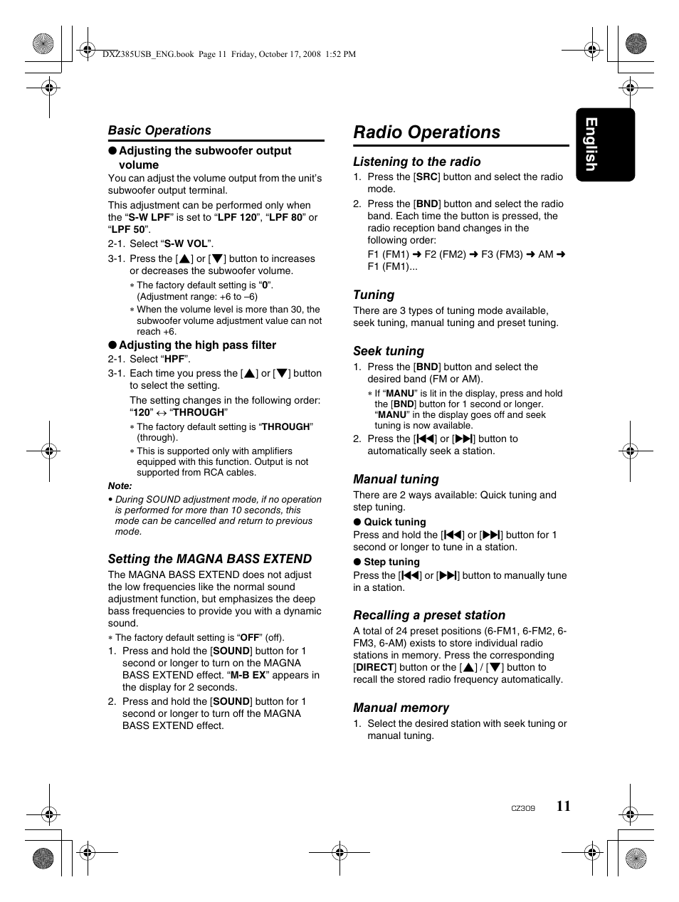 Radio operations, English 11 | Clarion CD/USB/MP3/WMA/AAC Receiver with CeNET Control CZ309 User Manual | Page 11 / 31