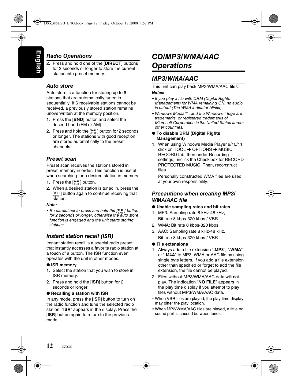 Cd/mp3/wma/aac operations, English 12, Mp3/wma/aac | Clarion CD/USB/MP3/WMA/AAC Receiver with CeNET Control CZ309 User Manual | Page 12 / 31