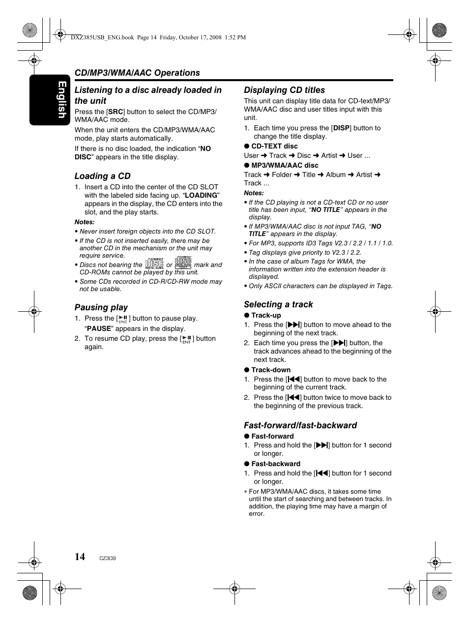 English 14 | Clarion CD/USB/MP3/WMA/AAC Receiver with CeNET Control CZ309 User Manual | Page 14 / 31