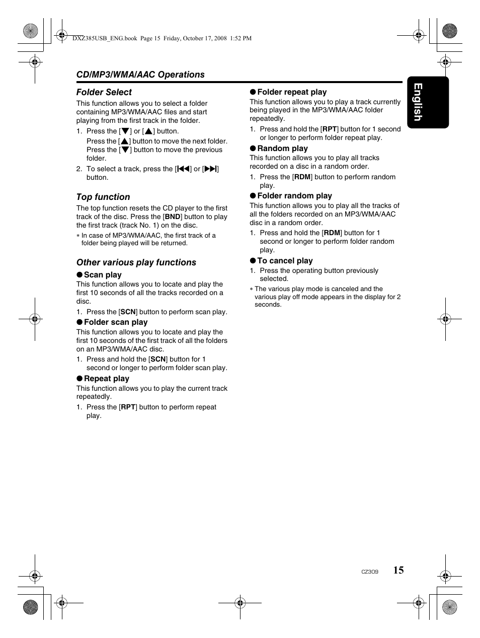 English 15 | Clarion CD/USB/MP3/WMA/AAC Receiver with CeNET Control CZ309 User Manual | Page 15 / 31