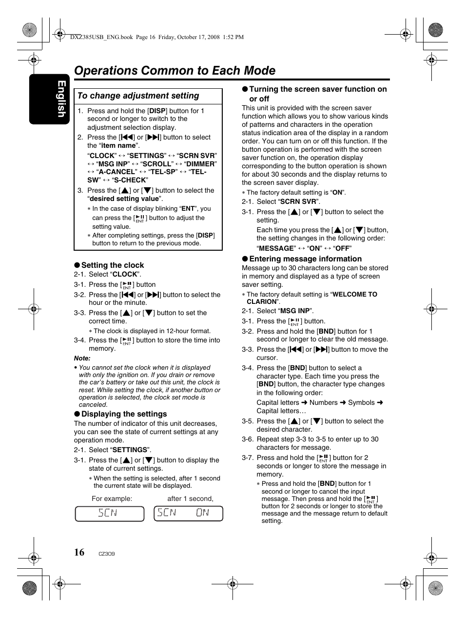 Operations common to each mode, English 16 | Clarion CD/USB/MP3/WMA/AAC Receiver with CeNET Control CZ309 User Manual | Page 16 / 31