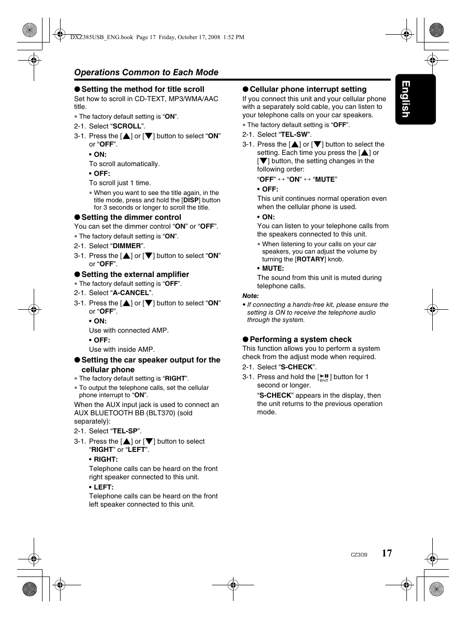 English 17 | Clarion CD/USB/MP3/WMA/AAC Receiver with CeNET Control CZ309 User Manual | Page 17 / 31