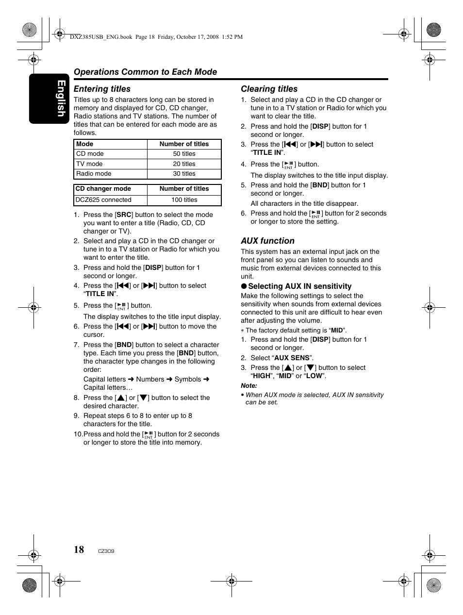 English 18 | Clarion CD/USB/MP3/WMA/AAC Receiver with CeNET Control CZ309 User Manual | Page 18 / 31