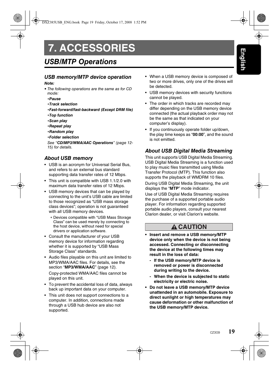 Accessories, Usb/mtp operations, English 19 | Caution | Clarion CD/USB/MP3/WMA/AAC Receiver with CeNET Control CZ309 User Manual | Page 19 / 31