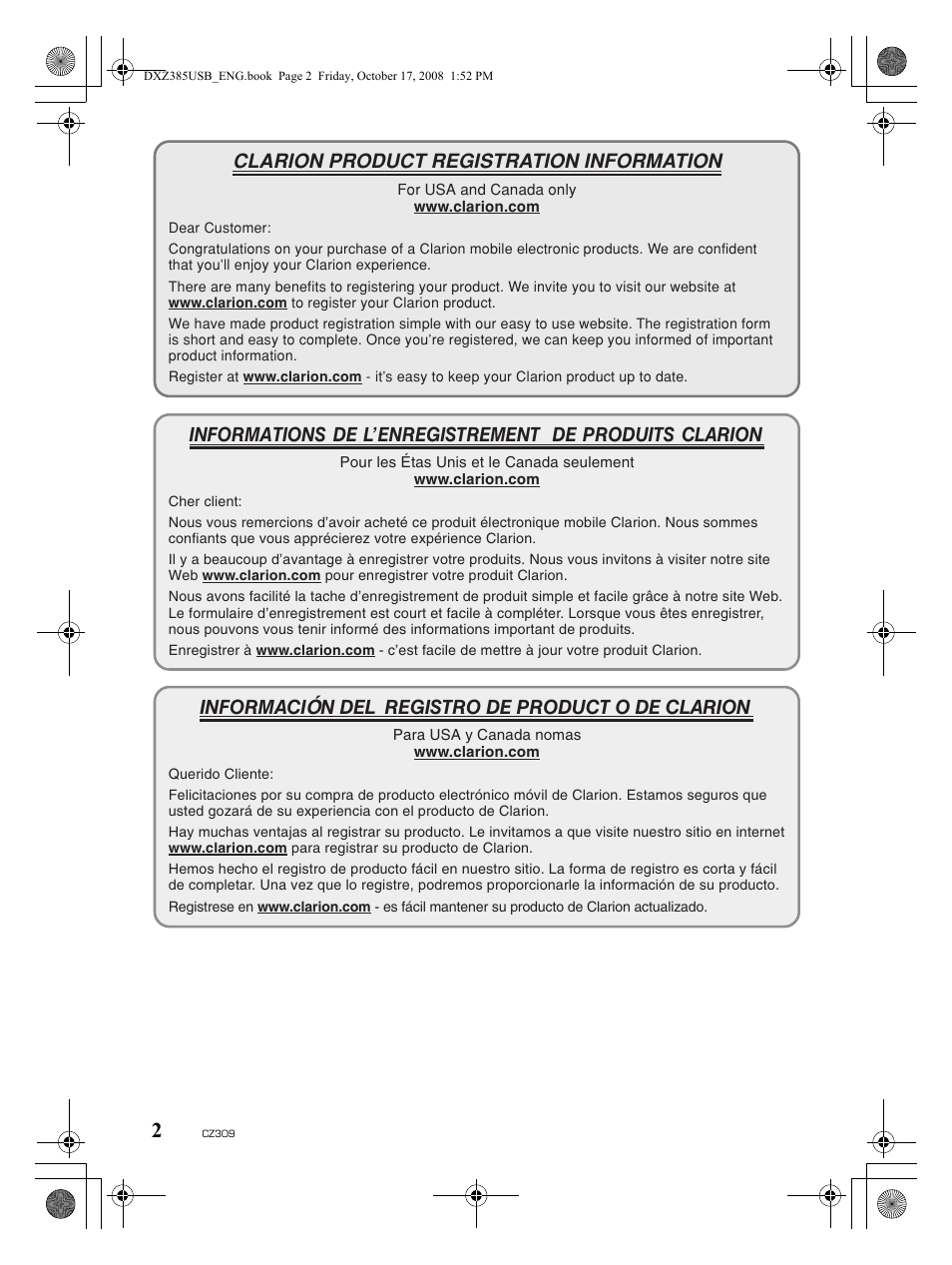 Clarion product registration information, Información del registro de product o de clarion | Clarion CD/USB/MP3/WMA/AAC Receiver with CeNET Control CZ309 User Manual | Page 2 / 31
