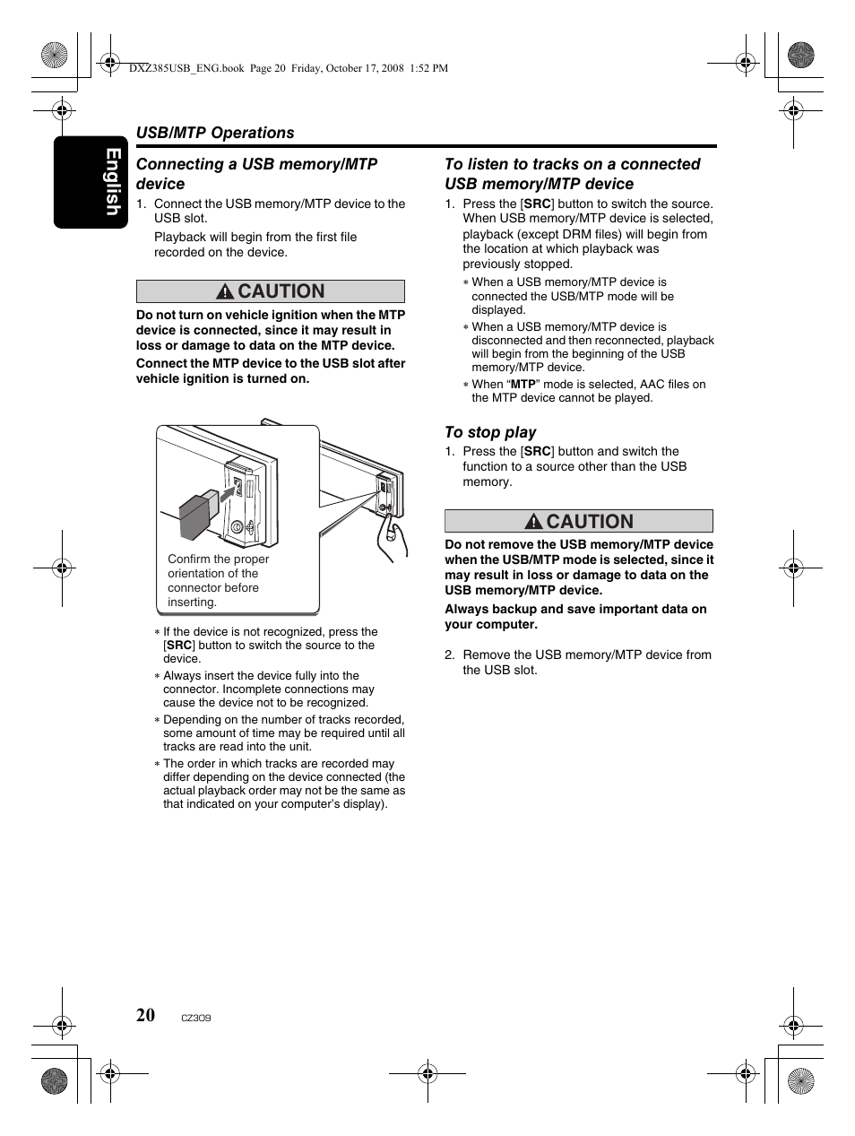 English 20, Caution | Clarion CD/USB/MP3/WMA/AAC Receiver with CeNET Control CZ309 User Manual | Page 20 / 31