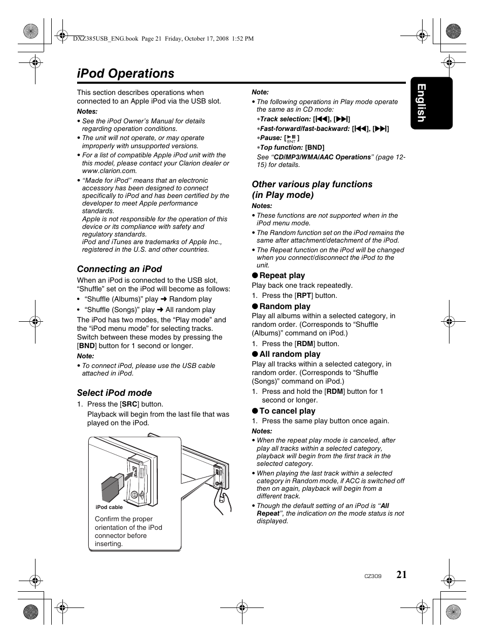 Ipod operations, English 21 | Clarion CD/USB/MP3/WMA/AAC Receiver with CeNET Control CZ309 User Manual | Page 21 / 31