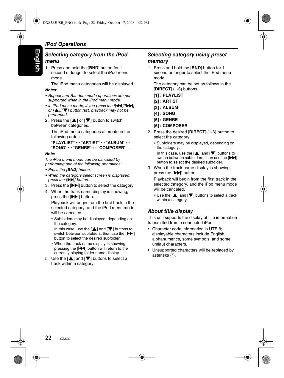 English 22 | Clarion CD/USB/MP3/WMA/AAC Receiver with CeNET Control CZ309 User Manual | Page 22 / 31